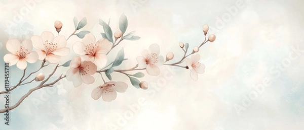 Fototapeta blossoming tree branch isolated on white background, spring illustration, generative ai