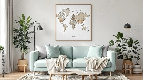 Fototapeta Stylish scandinavian living room interior with design mint sofa, furnitures, mock up poster map, plants, and elegant personal accessories. Home decor
