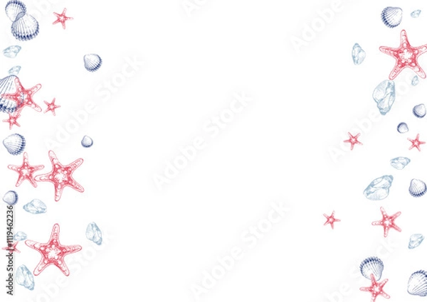 Obraz Blue Scallop Background White Vector. Shellfish Abstract Set. Pretty Graphic. Gray Snail Cartoon Illustration.