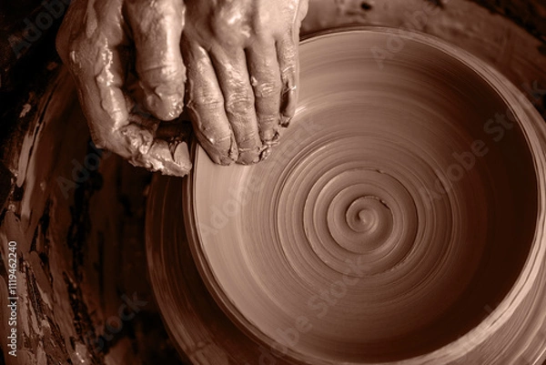 Fototapeta Potter shaping clay on the pottery wheel. New trending colour of the 2025 year 

