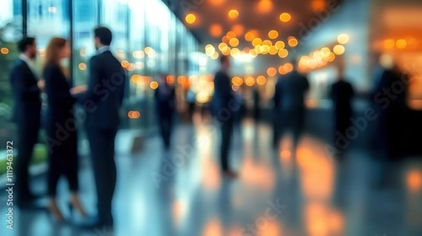 Fototapeta A softly blurred networking event featuring business professionals in formal attire, mingling and conversing in a modern venue with warm lighting, creating a vibrant yet professional atmosphere