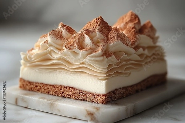 Fototapeta Layered cream cake slice with cocoa dusting on white backdrop