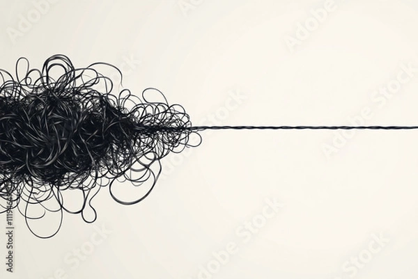 Fototapeta raffled wire a tangled rope or cord slowly untangles colorful string in plain white background copy space for text confusing resolving clearance of mind