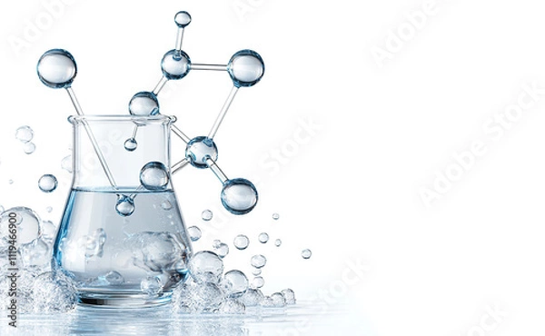 Fototapeta 3D Chemical Bond Structure with Blue Crystal and Laboratory Flask for Educational Illustration.
