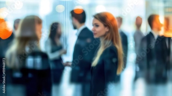 Fototapeta A softly blurred networking event featuring business professionals in formal attire, mingling and conversing in a modern venue with warm lighting, creating a vibrant yet professional atmosphere