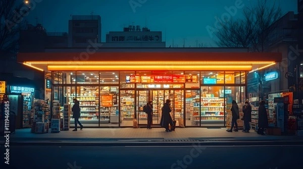 Fototapeta A group of people are standing outside a store with a neon sign