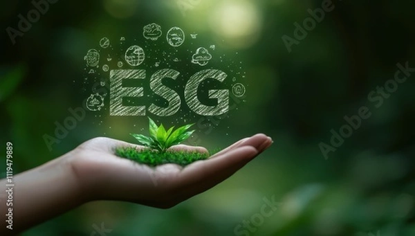 Fototapeta Conceptual representation of ESG values illustrated by a hand holding a small plant, symbolizing environmental responsibility and sustainable practices in nature.
