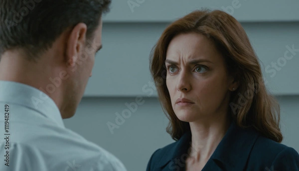 Fototapeta Woman angrily and surprisedly staring at a man during a conversation.