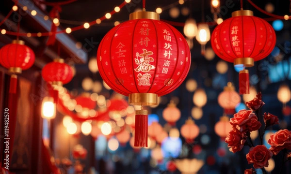 Fototapeta Festive red lanterns illuminate vibrant celebration, creating warm and inviting atmosphere. intricate designs and glowing lights enhance joyful ambiance of event