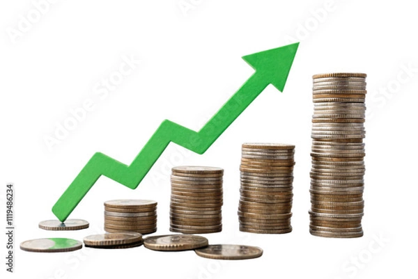Fototapeta Stacks of coins rising in height alongside a jagged green upward arrow, representing economic growth, investment success, or financial recovery, isolated on a transparent background
