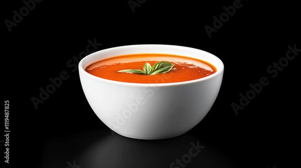Fototapeta Delicious tomato soup in white bowl with basil garnish on black background