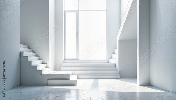 Fototapeta White steps in minimalist room with white walls, bright light from window