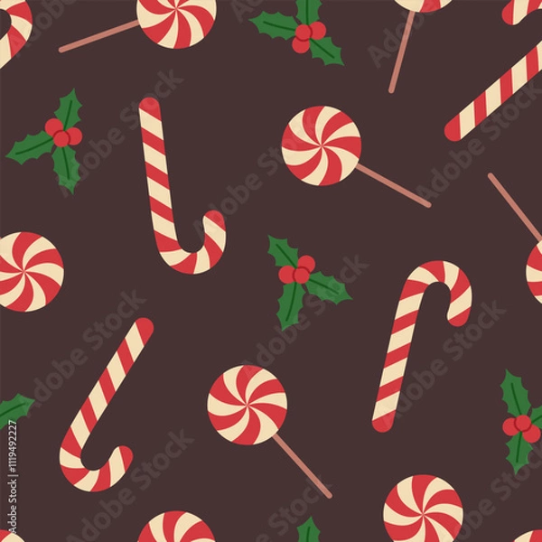 Fototapeta Seamless pattern with candy canes, lollipops and holly on brown background. Traditional red and white Christmas sweets. Vector flat illustration for wallpaper, textile, packaging