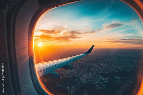 Obraz View from the porthole onto an airplane wing. Flying over the clouds. Traveling by plane. Sunset, blue sky and bright yellow sun above the horizon. View of a big city from an airplane.