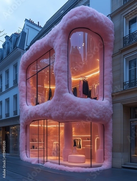 Obraz A futuristic clothing store, designed, made with glass and pink fur.