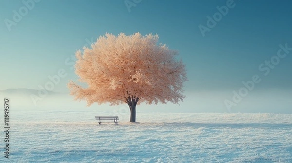 Obraz White tree, snow, bench.