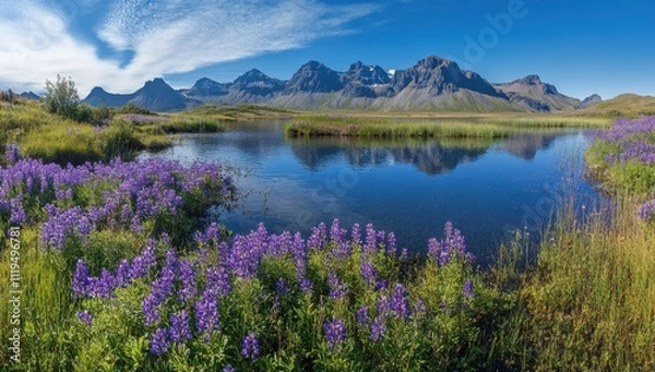 Fototapeta Serene Mountain Landscape with Vibrant Purple Wildflowers Reflecting in a Tranquil Lake Under a Clear Blue Sky in Iceland