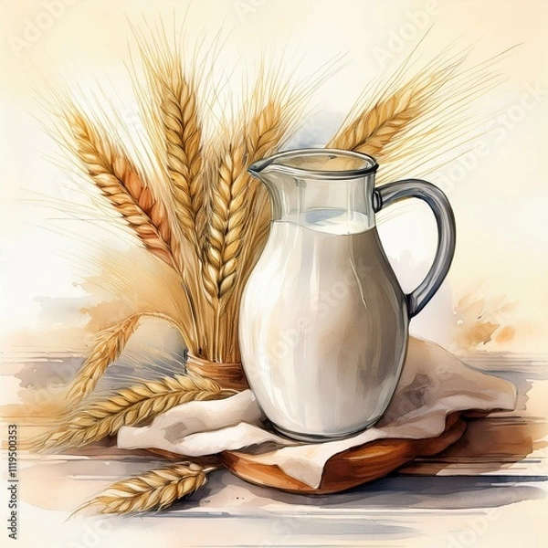 Obraz A charming watercolor of milk and wheat, perfect for eco-brands and food blogs celebrating rustic farm life.