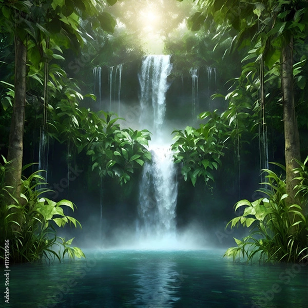Fototapeta views of lush forests with fast flowing waterfalls