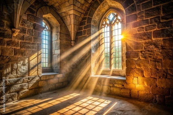 Fototapeta Medieval Sunbeams: Dust Motes in Ancient Stone Chapel - High Depth of Field Photography