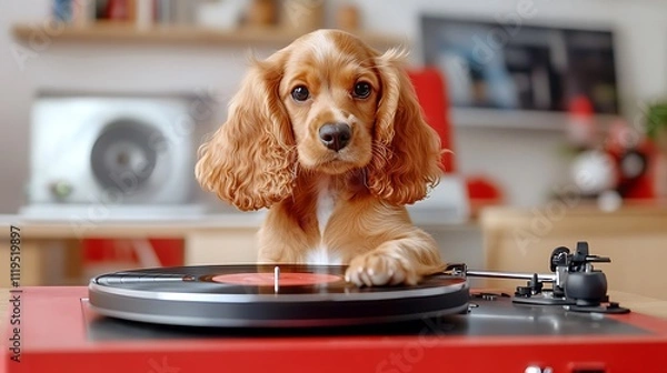 Fototapeta A Playful Cocker Spaniel Dog Engaging with a Turntable in a Modern Living Room Environment, Captured in Bright and Cheerful Lighting