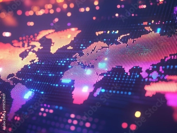 Fototapeta Digital World Globe Map with LED Lighting on Pixelated Background