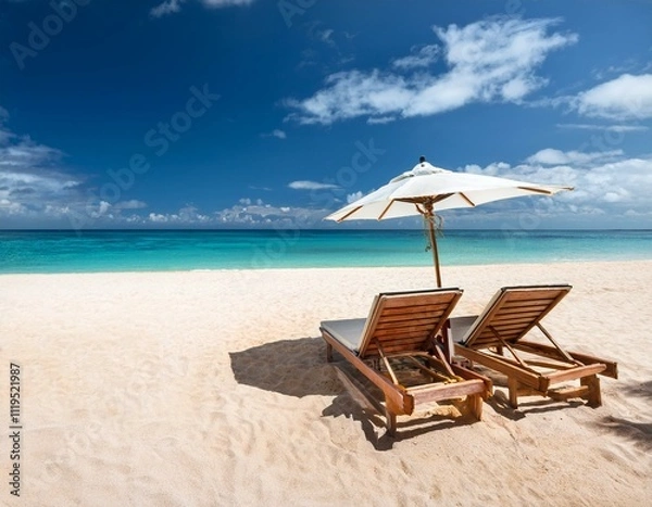 Fototapeta GeChairs And Umbrella In Tropical Beach - Seascape Bannernerated image