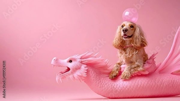 Fototapeta A playful scene featuring a dog riding a whimsical pink dragon float while wearing a bubble gum bubble against a vibrant pink background for fun and quirky imagery.