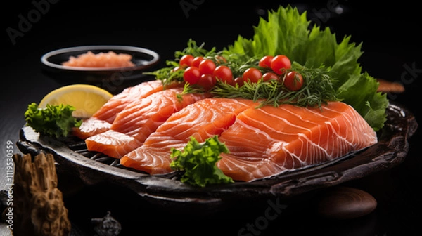 Fototapeta Exquisite Japanese Sashimi Dish Featuring Assorted Fresh Seafood Cuts, Vibrant Colors, and Elegant Presentation