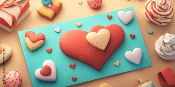 Fototapeta Playful and Quirky Valentines Card Flat Lay with Colorful Cookies and Heart Decorations for a Fun Celebration