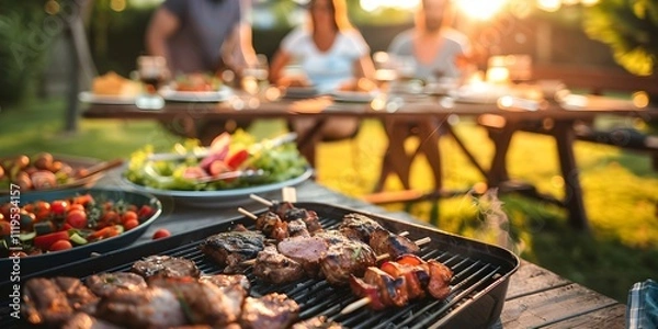 Fototapeta Various picnic barbeque food and drink flatlay Summer bbq picnic food assorted grilled meats kebabs vegetable fruit salad traditional picnic summer pie cake sandwiches top view copy space
