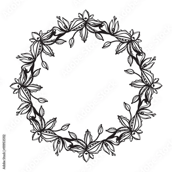 Fototapeta Boho simple wreath - vector doodles of the flowers and leaves, black and white.
