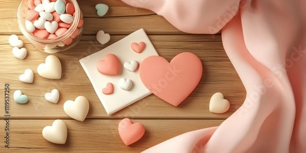 Fototapeta Aerial View of a Rustic Wooden Table with Colorful Heart-Shaped Candies and a Soft Fabric Displaying a Romantic and Cozy Atmosphere