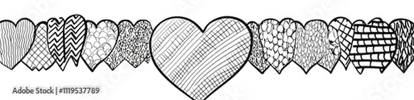 Obraz black and white heart pattern row on transparent background