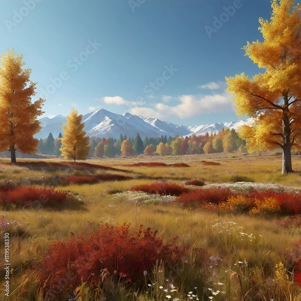 Fototapeta autumn landscape with snow covered mountains with clear sky and wide expanse of grassland