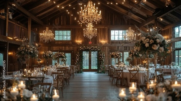 Fototapeta Rustic barn wedding reception venue with elegant floral arrangements, chandeliers, and candlelight.