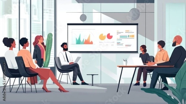 Obraz Diverse business team meeting in modern office, reviewing data on large screen. (1)