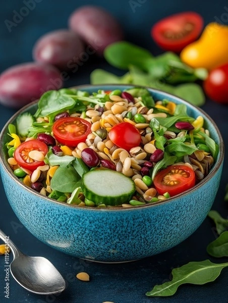 Obraz A vibrant salad bowl featuring cherry tomatoes, cucumber slices, beans, arugula, and orzo pasta, topped with seeds, creating a healthy and colorful meal packed with freshness and nutrients.