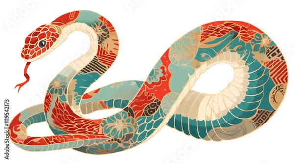 Fototapeta Chinese New Year 2025 snake in simple cartoon style with patterned skin isolated clip art