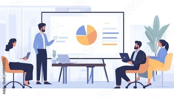 Obraz Business presentation with team, charts, and data analysis in modern office.