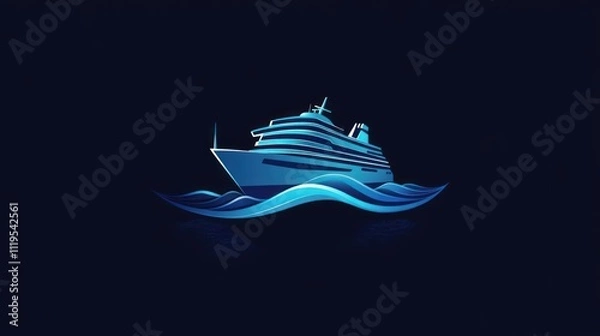 Obraz Stylized cruise ship sailing on dark blue ocean waves at night.