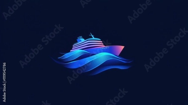 Obraz Stylized cruise ship sailing on dark blue ocean waves at night. (1)