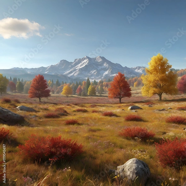 Fototapeta autumn landscape with snow covered mountains with clear sky and wide expanse of grassland