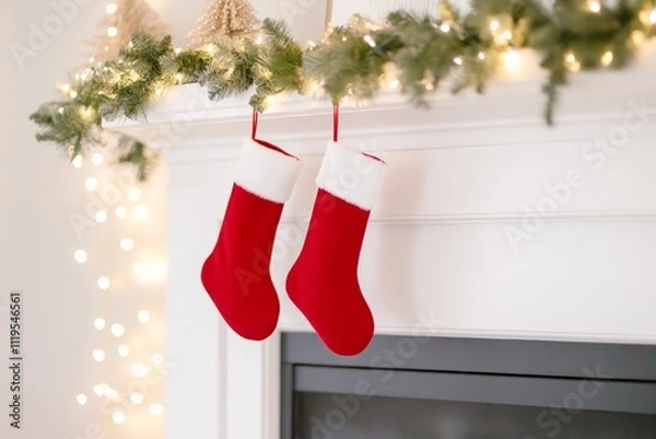Fototapeta Red Christmas Stockings Hanging on Festive Mantel with Garland and Light