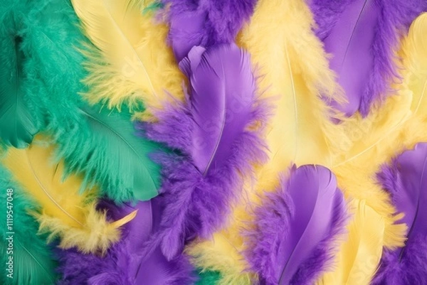 Fototapeta Colorful Green, Yellow, and Purple Feathers for Festive Carnival Celebration