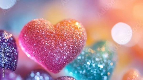 Fototapeta A close-up of sparkling pink heart-shaped candies, radiating sweetness and offering a delightful treat for the eyes.