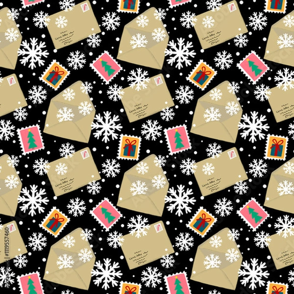 Fototapeta Christmas mail seamless pattern. Christmas letters and snowflakes print. Paper envelope background. For textile, wrapping paper, scrapbooking, stationary, packaging, party supplies.