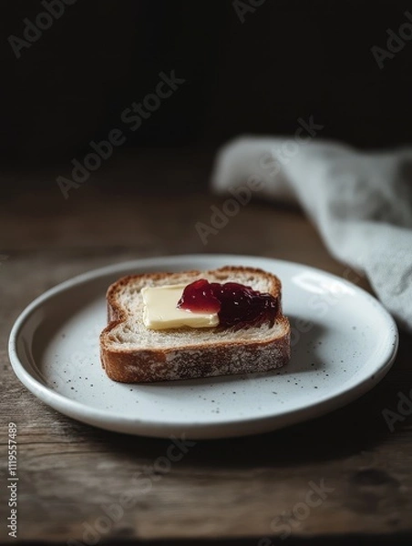 Fototapeta A slice of bread topped with butter and jam on a plate, set against a dark background.