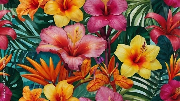 Fototapeta Vibrant Tropical Flowers and Lush Green Leaves