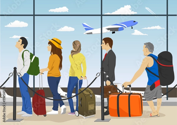 Fototapeta Passengers in queue waiting check-in counters at airport